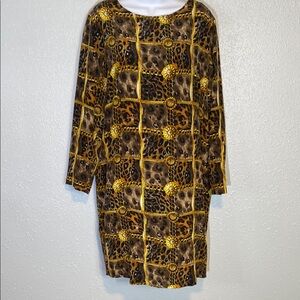 VNTG Patrick 100% Silk Animal Print Black and Gold Sheath Dress Long Sleeves